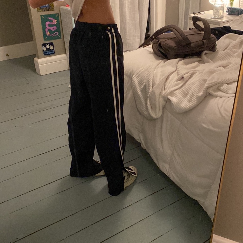 adjustable, white stripe navy blue flare track pants